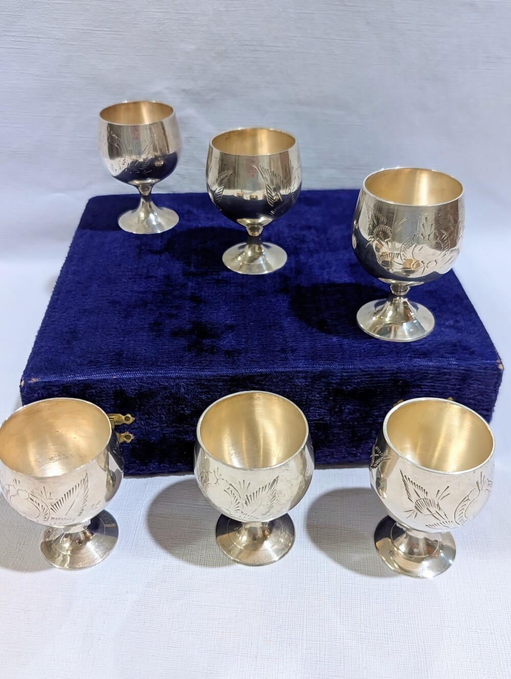 Vintage EPNS Silver Plated Engraved Cordial Goblets -Set of 6- in Original Case